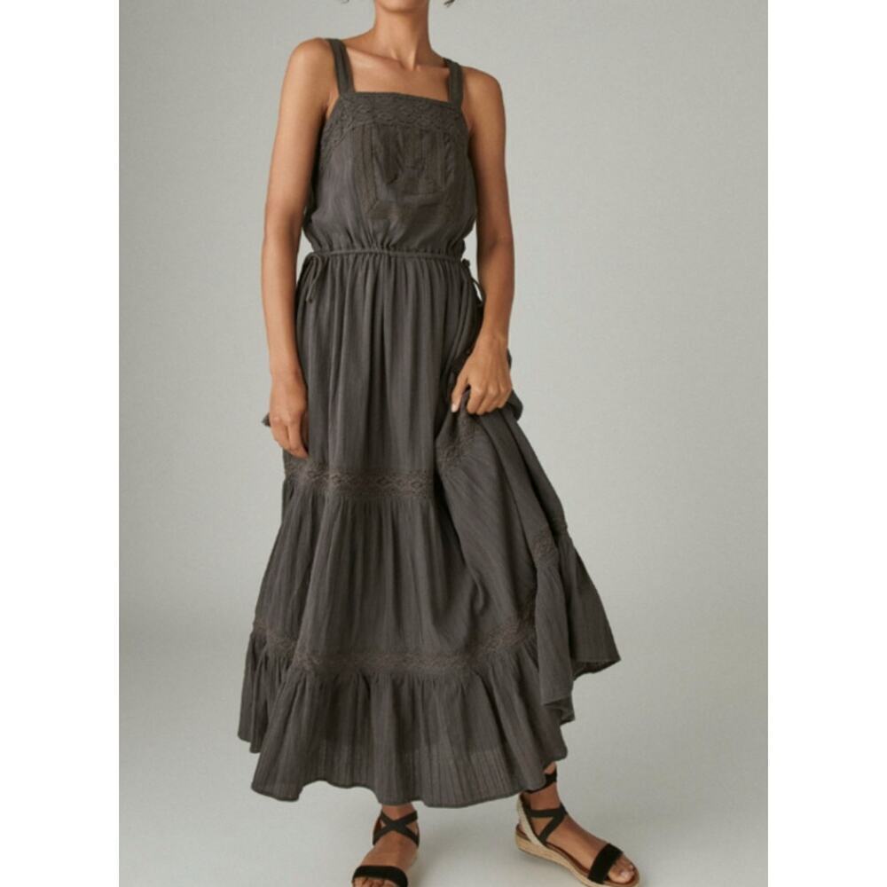 NWT Lucky Brand womens Lace Tiered Maxi Dress Size Medium in washed black